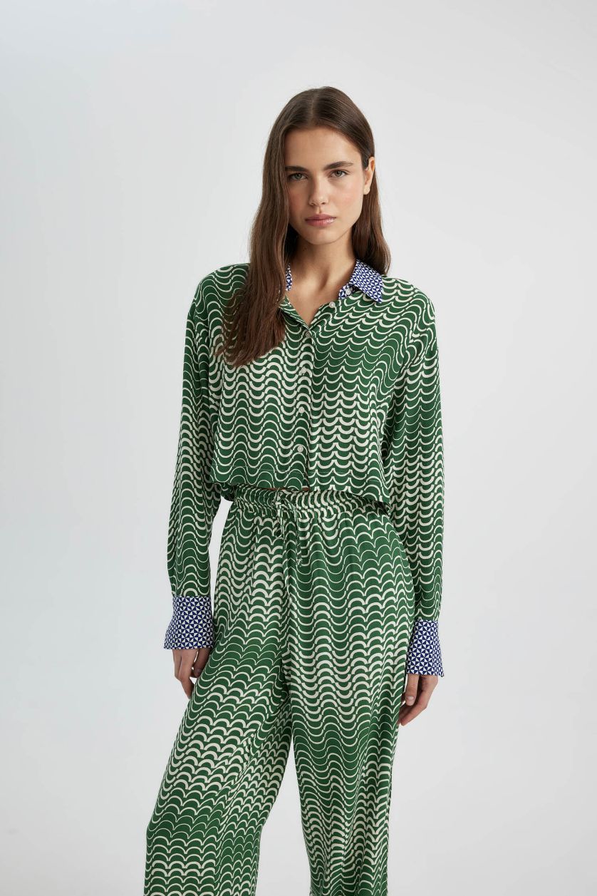 Kadın Yeşil Crop Desenli Maroken Uzun Kollu Gömlek