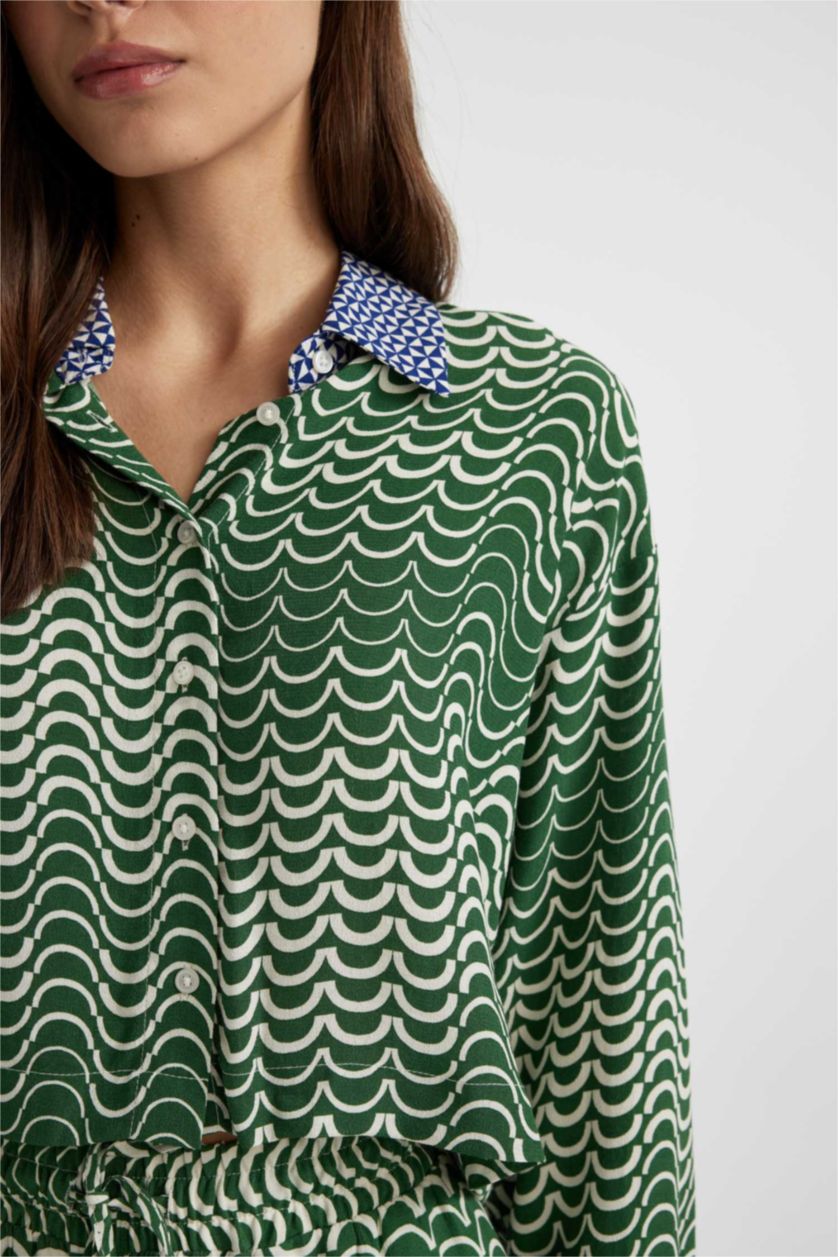 Kadın Yeşil Crop Desenli Maroken Uzun Kollu Gömlek