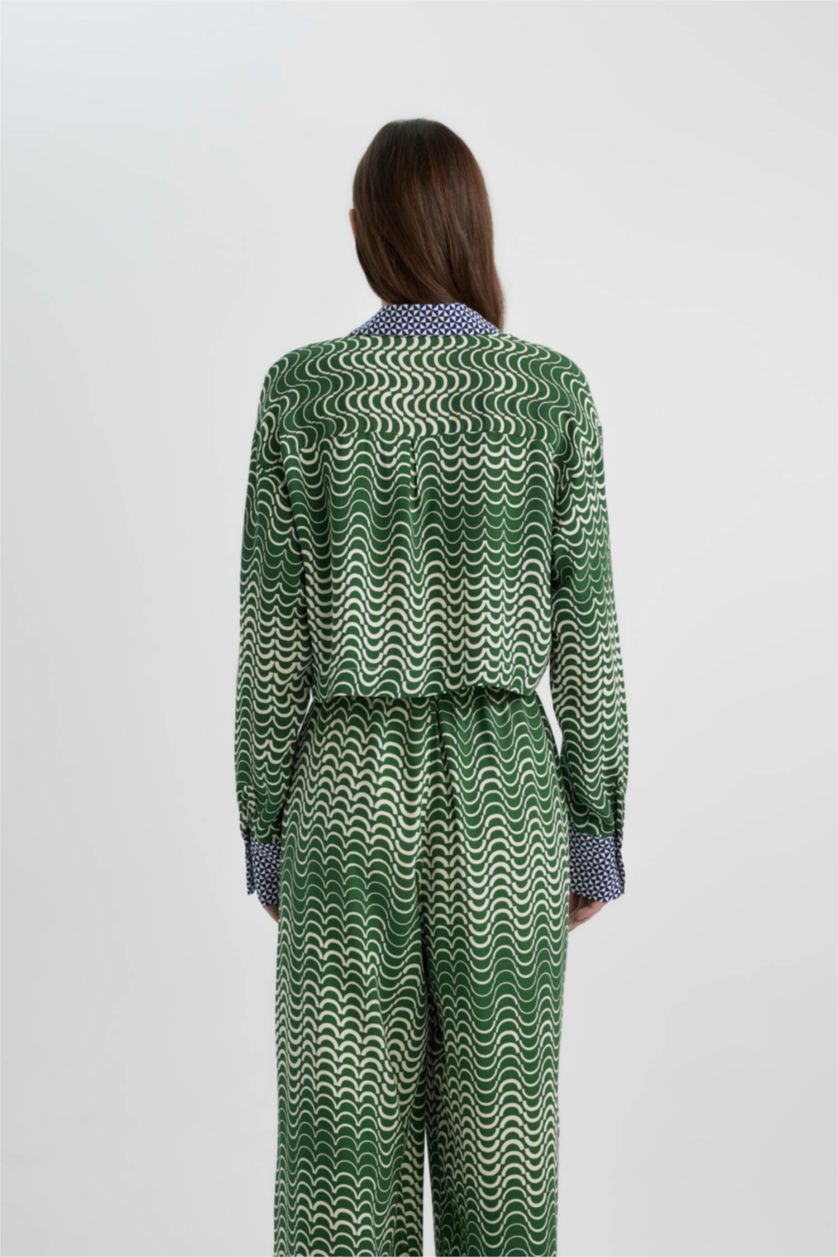 Kadın Yeşil Crop Desenli Maroken Uzun Kollu Gömlek
