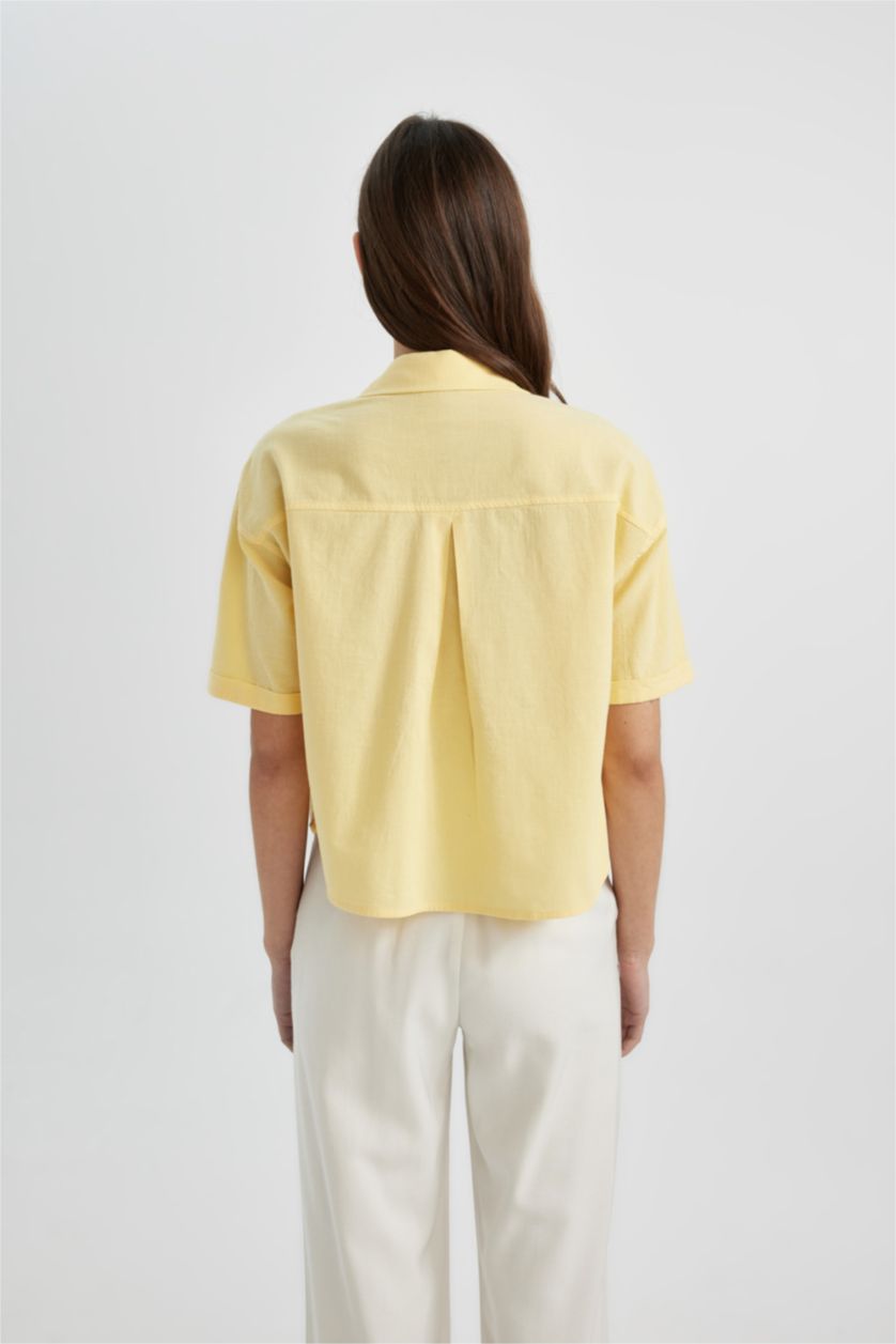 Kadın Sarı Oversıze Gömlek Yaka Keten Karışımlı Kısa Kollu Bluz