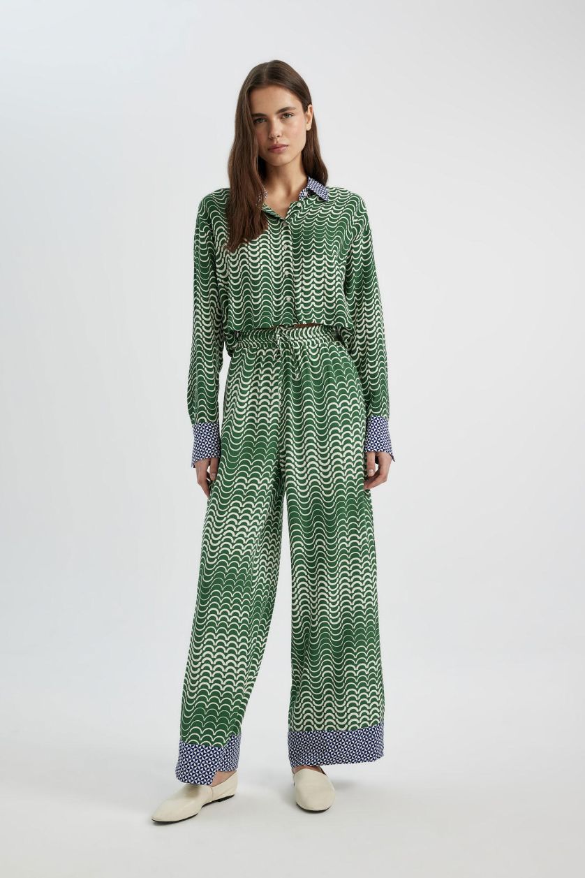 WOMAN Green Wide Leg Patterned High Waist Long Trousers