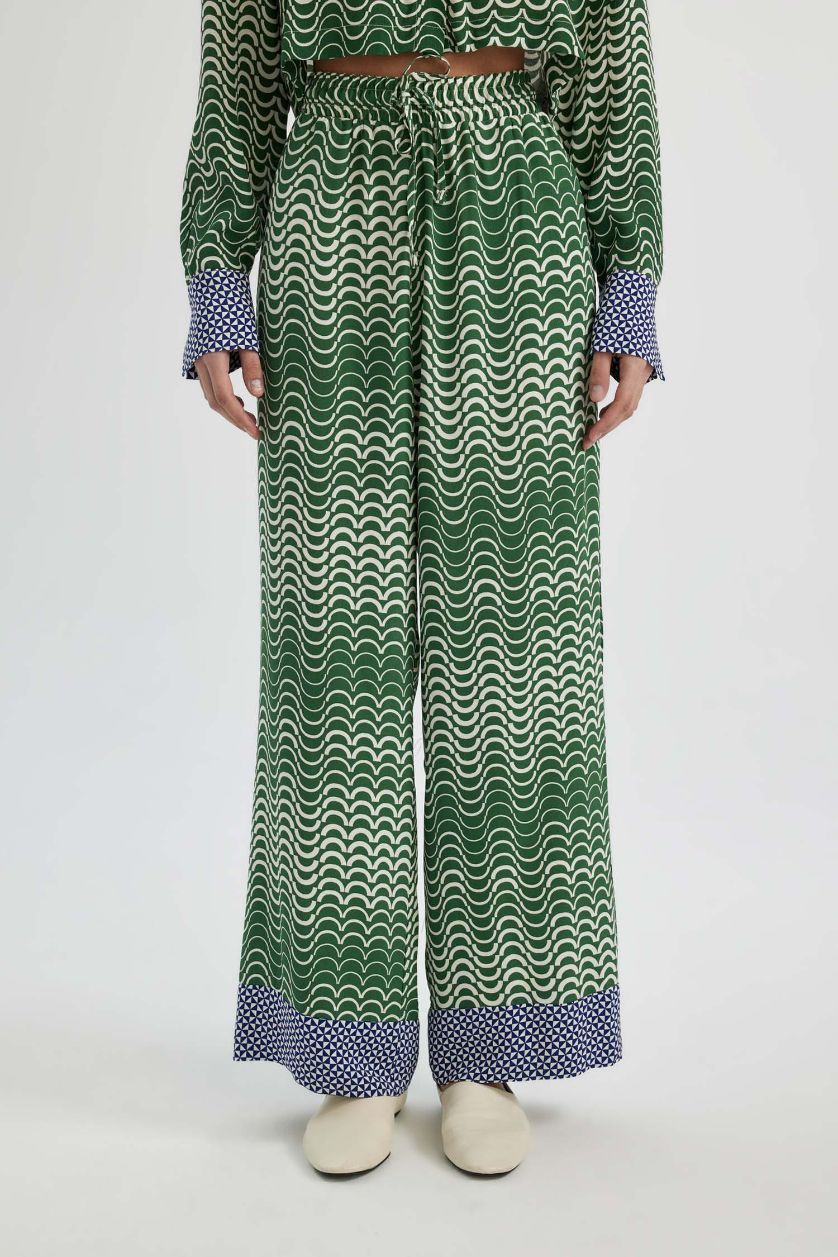 WOMAN Green Wide Leg Patterned High Waist Long Trousers