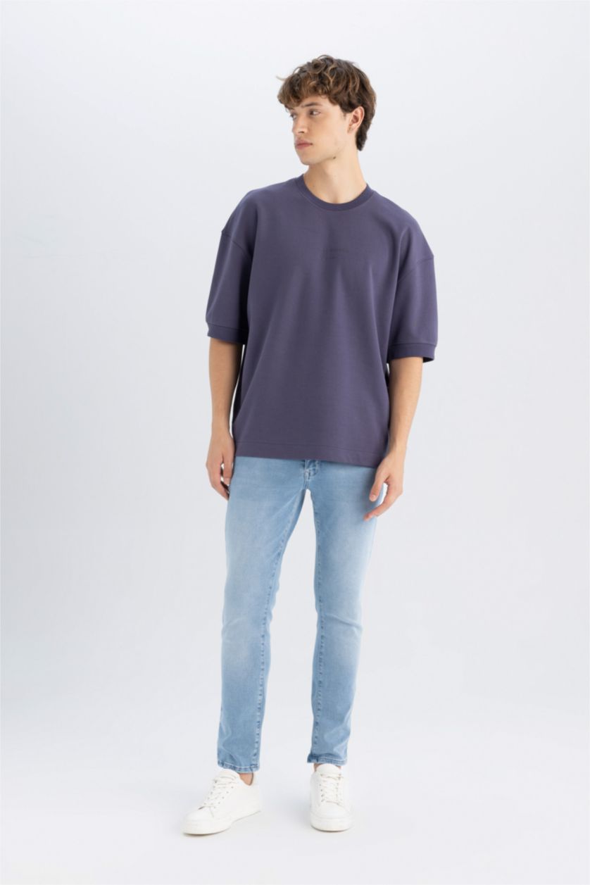 رجال بنفسجي تيشيرت قصة فضفاضة قماش سميك بياخة مستديرة