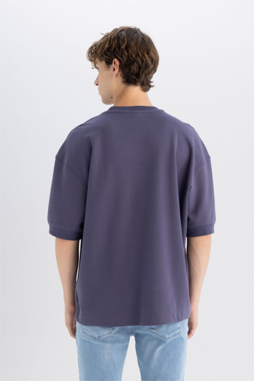 رجال بنفسجي تيشيرت قصة فضفاضة قماش سميك بياخة مستديرة