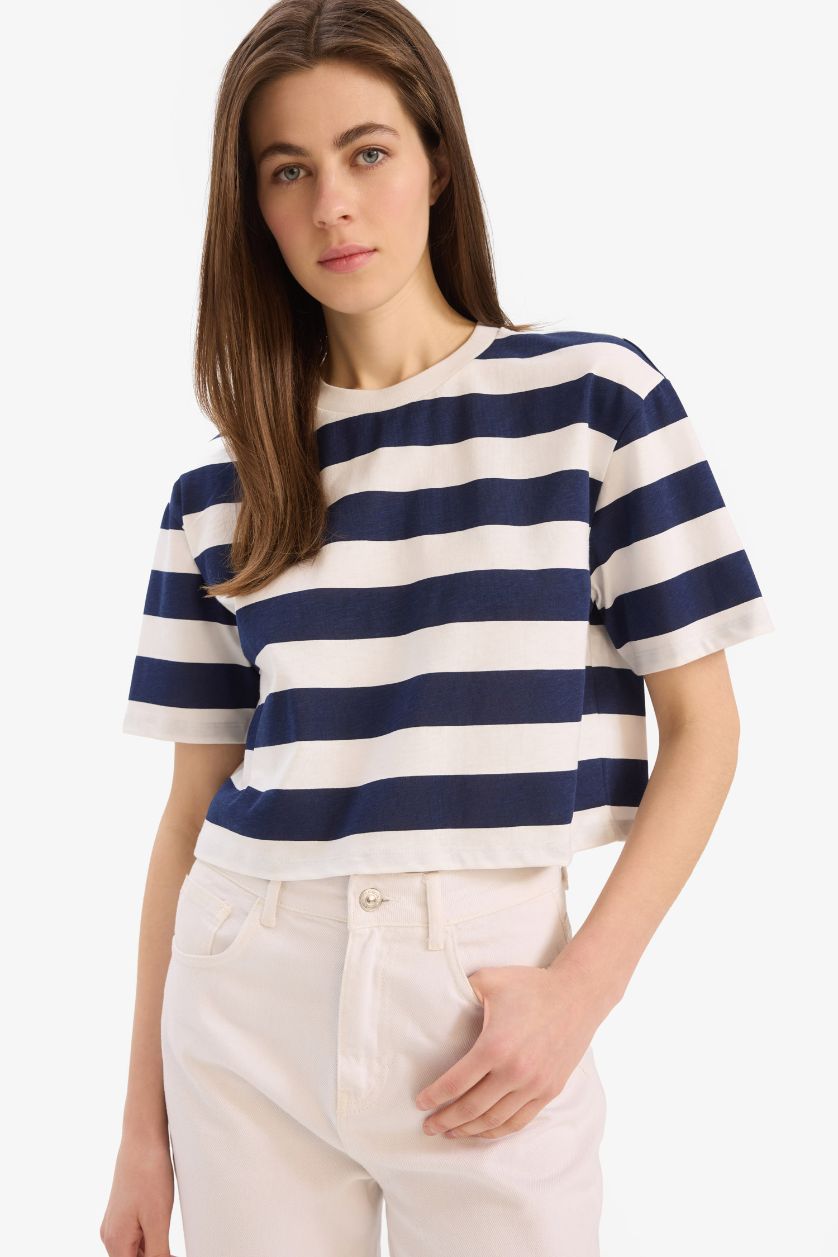 Woman NAVY Boxy Fit Crew Neck Striped Cotton T-Shirt