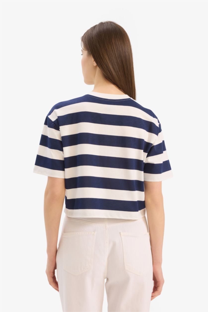 Woman NAVY Boxy Fit Crew Neck Striped Cotton T-Shirt