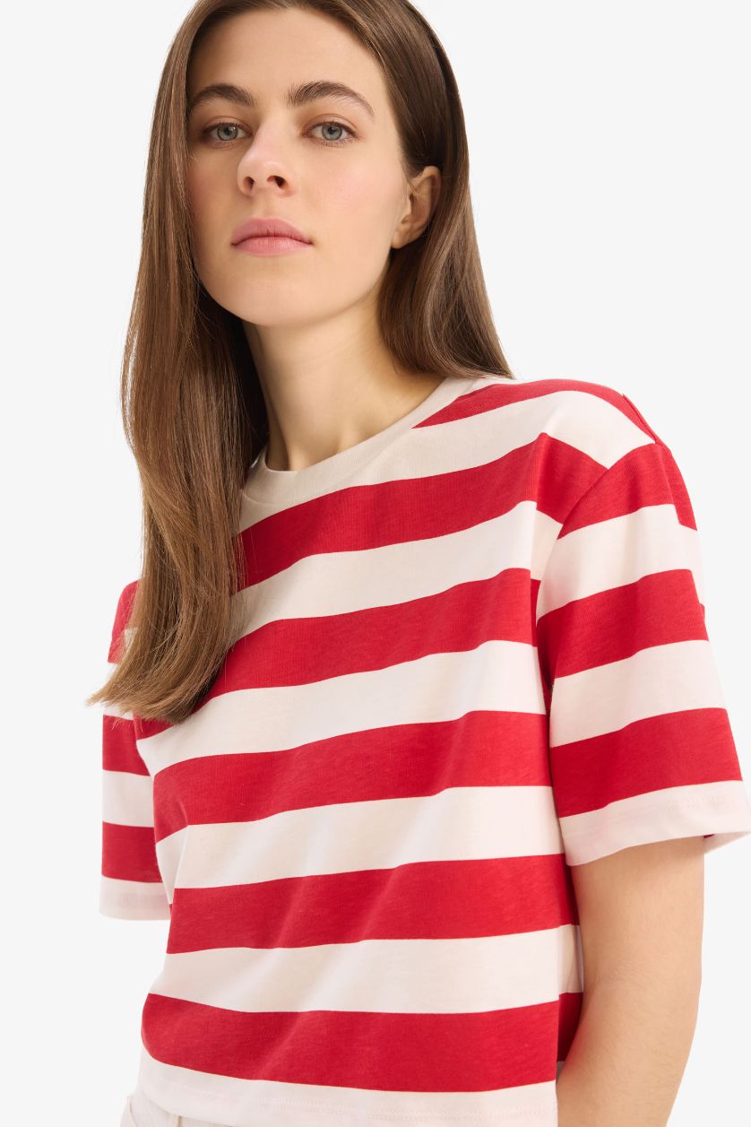 WOMAN Red Boxy Fit Crew Neck Basic Cotton Short Sleeve T-Shirt
