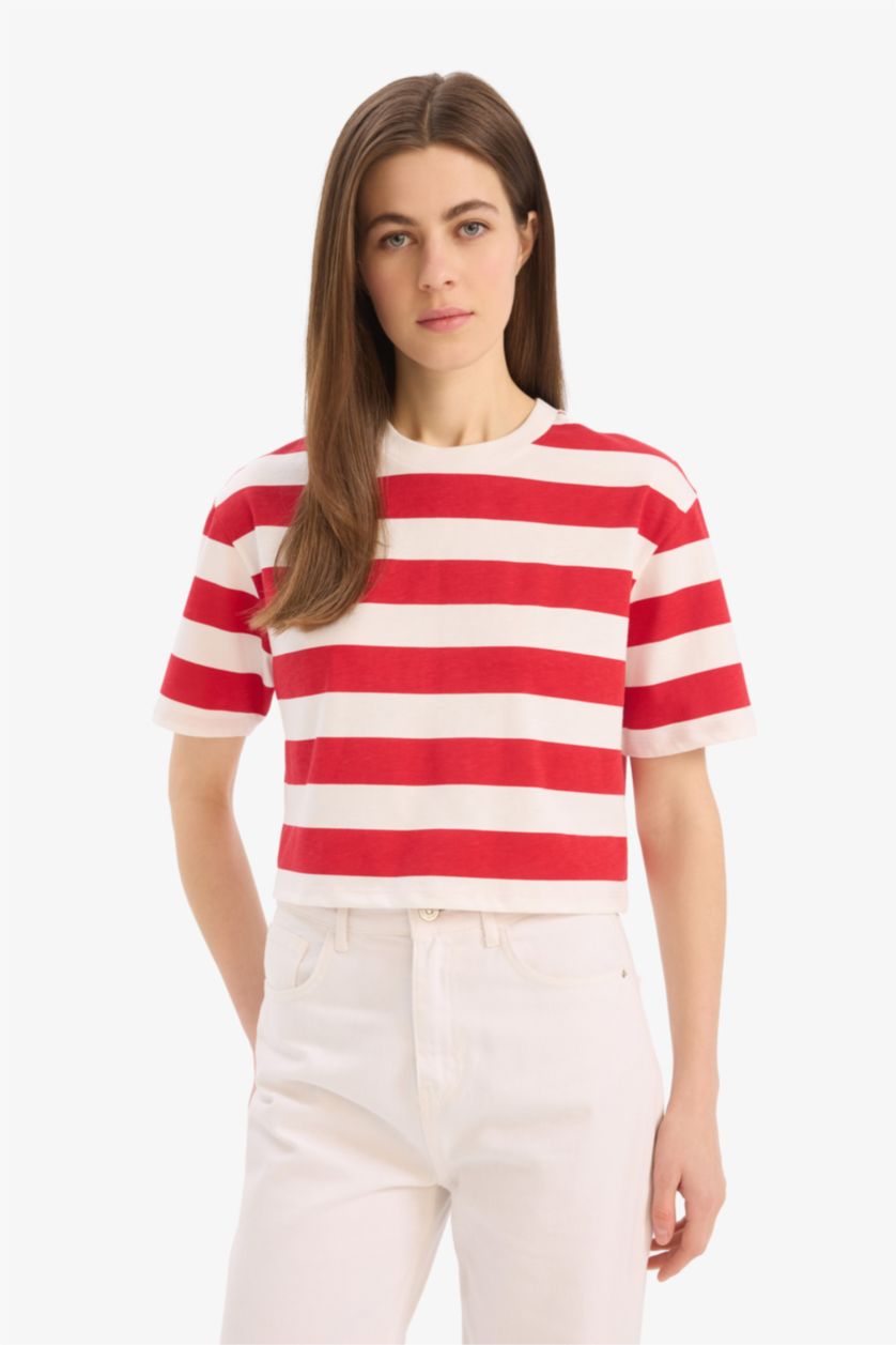 WOMAN Red Boxy Fit Crew Neck Basic Cotton Short Sleeve T-Shirt