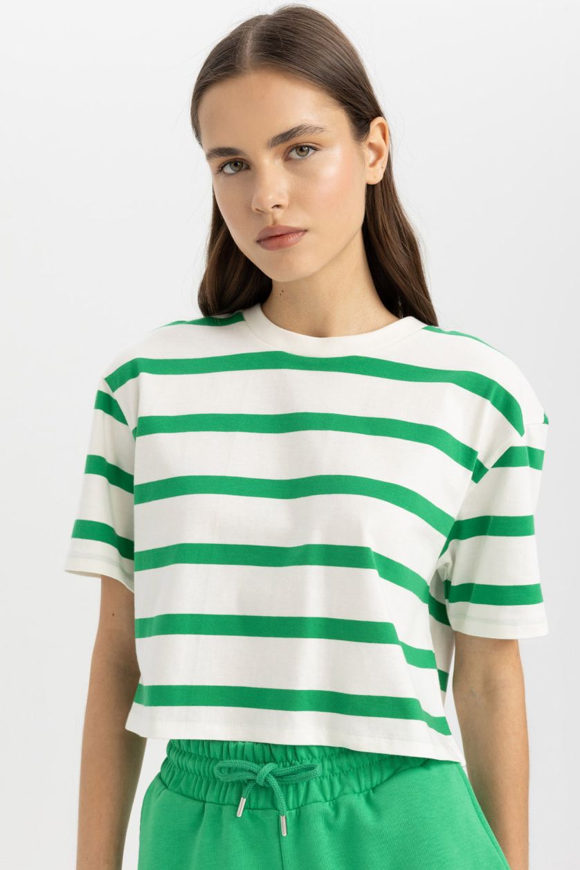 WOMAN Green Boxy Fit Striped Crew Neck Basic T-Shirt