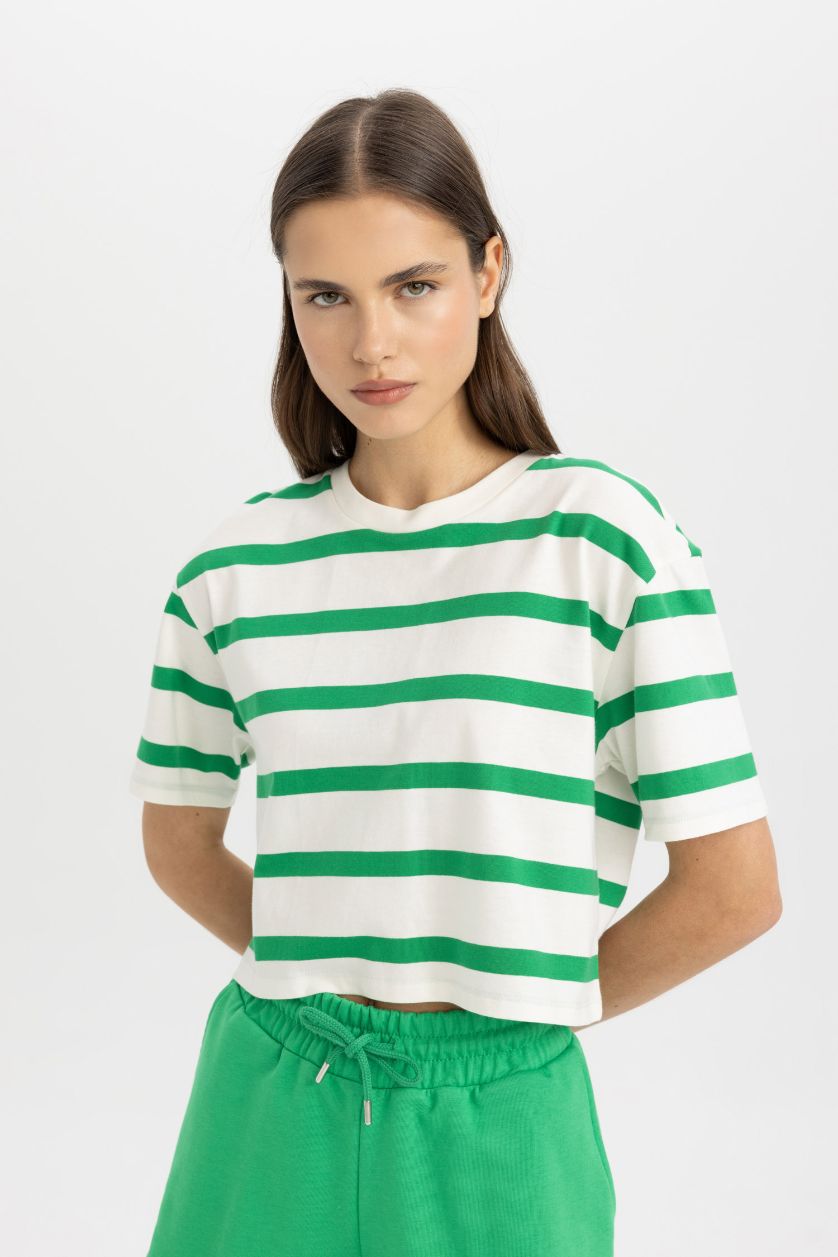 WOMAN Green Boxy Fit Striped Crew Neck Basic T-Shirt