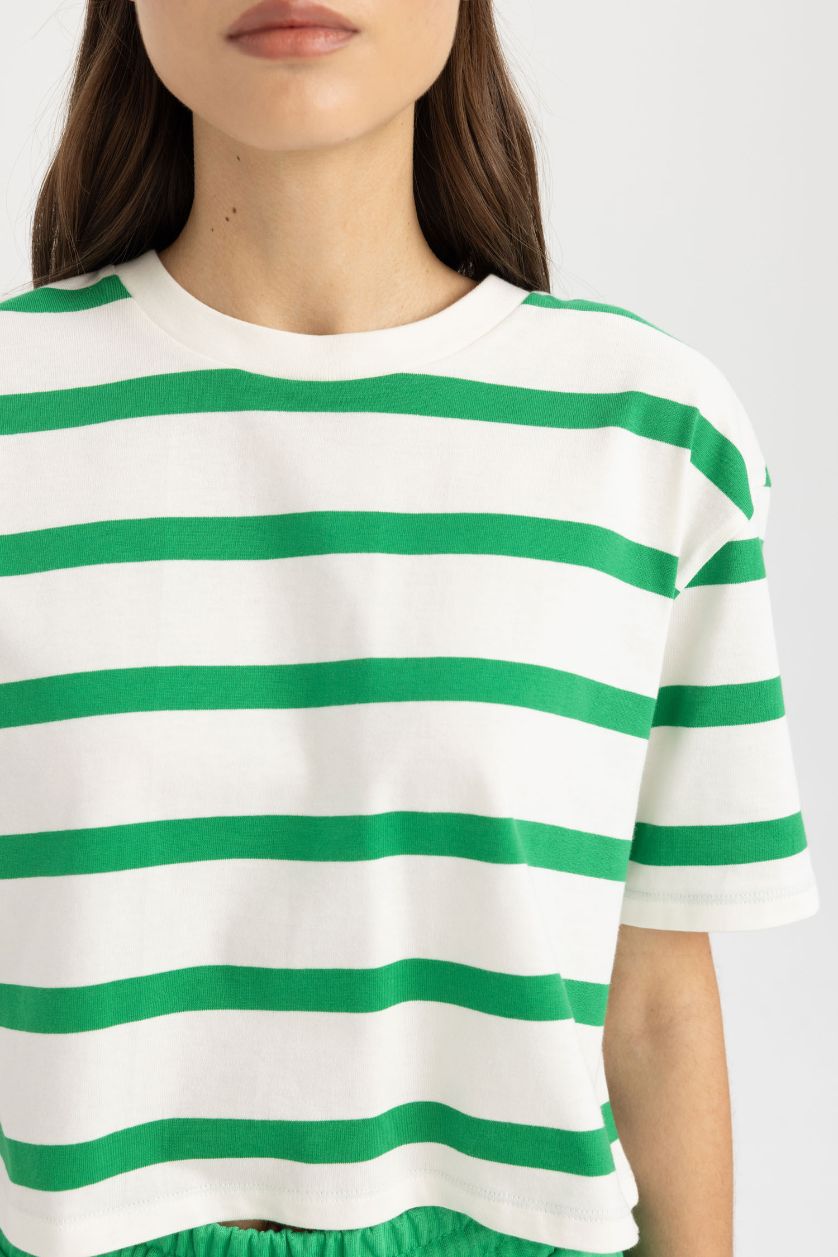 WOMAN Green Boxy Fit Striped Crew Neck Basic T-Shirt