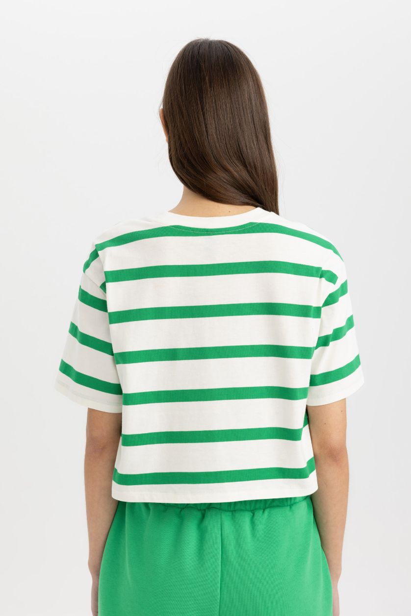 WOMAN Green Boxy Fit Striped Crew Neck Basic T-Shirt