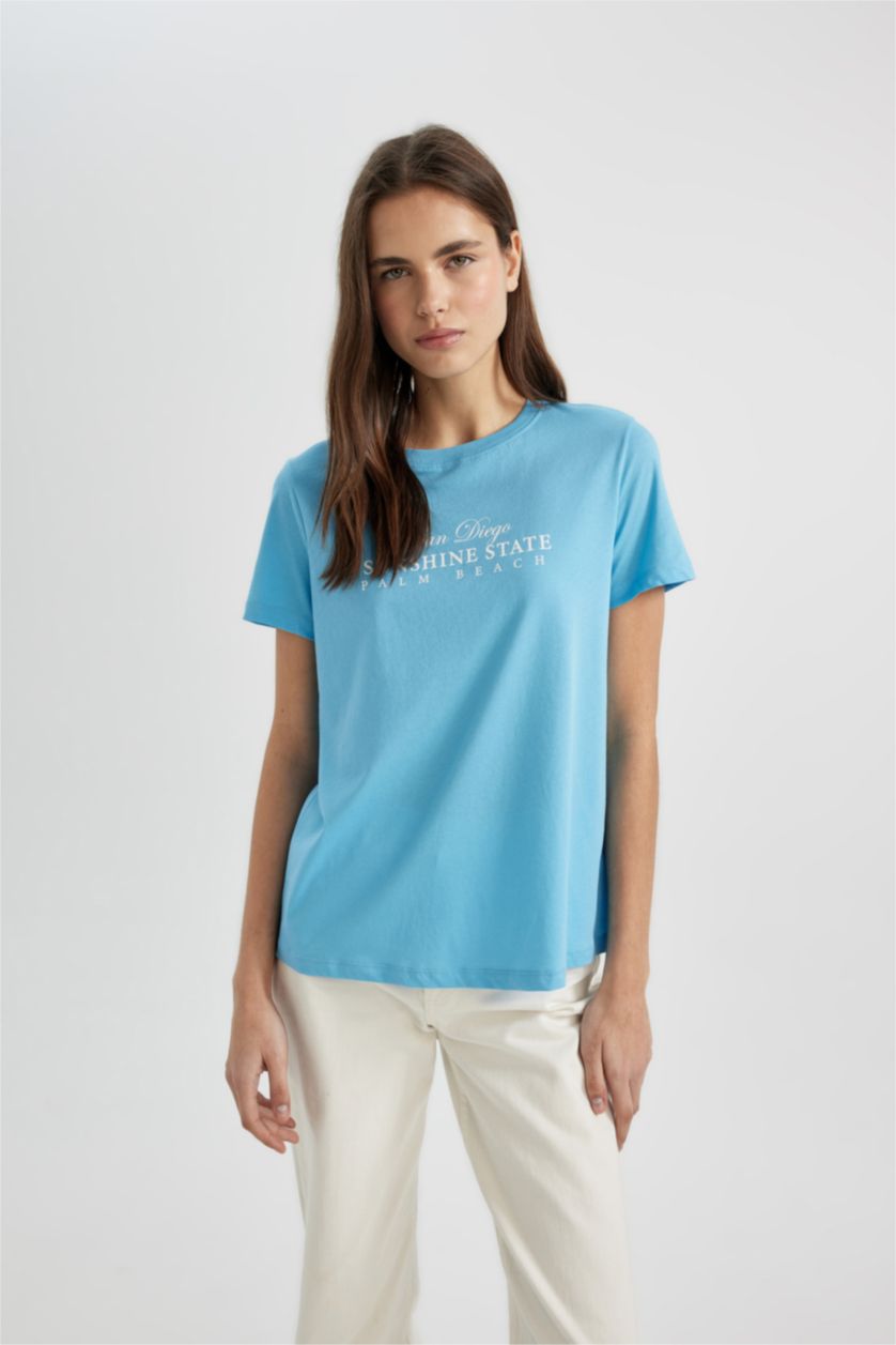 WOMAN Blue Regular Fit Crew Neck Slogan Printed T-Shirt