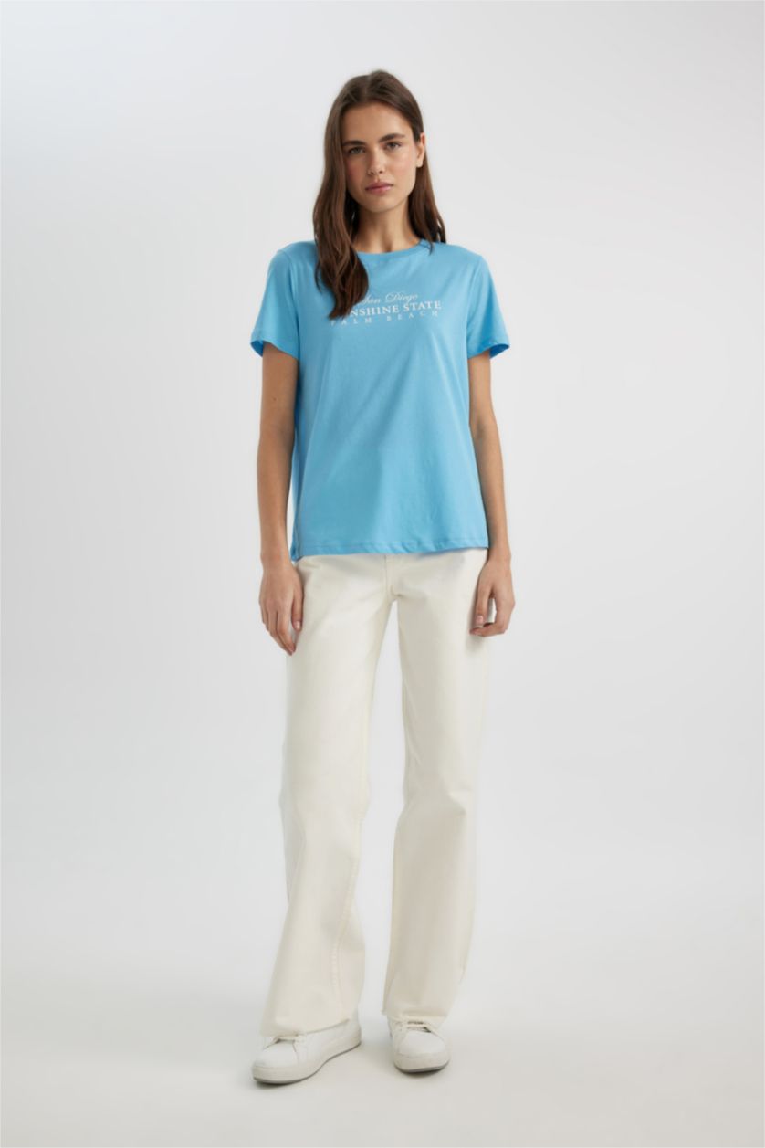 WOMAN Blue Regular Fit Crew Neck Slogan Printed T-Shirt