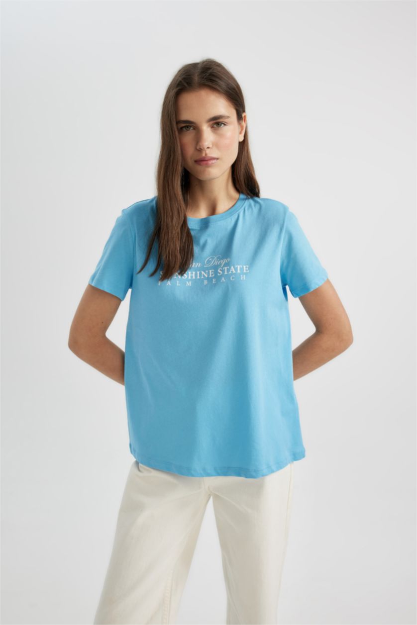 WOMAN Blue Regular Fit Crew Neck Slogan Printed T-Shirt