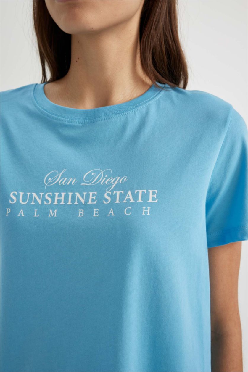 WOMAN Blue Regular Fit Crew Neck Slogan Printed T-Shirt