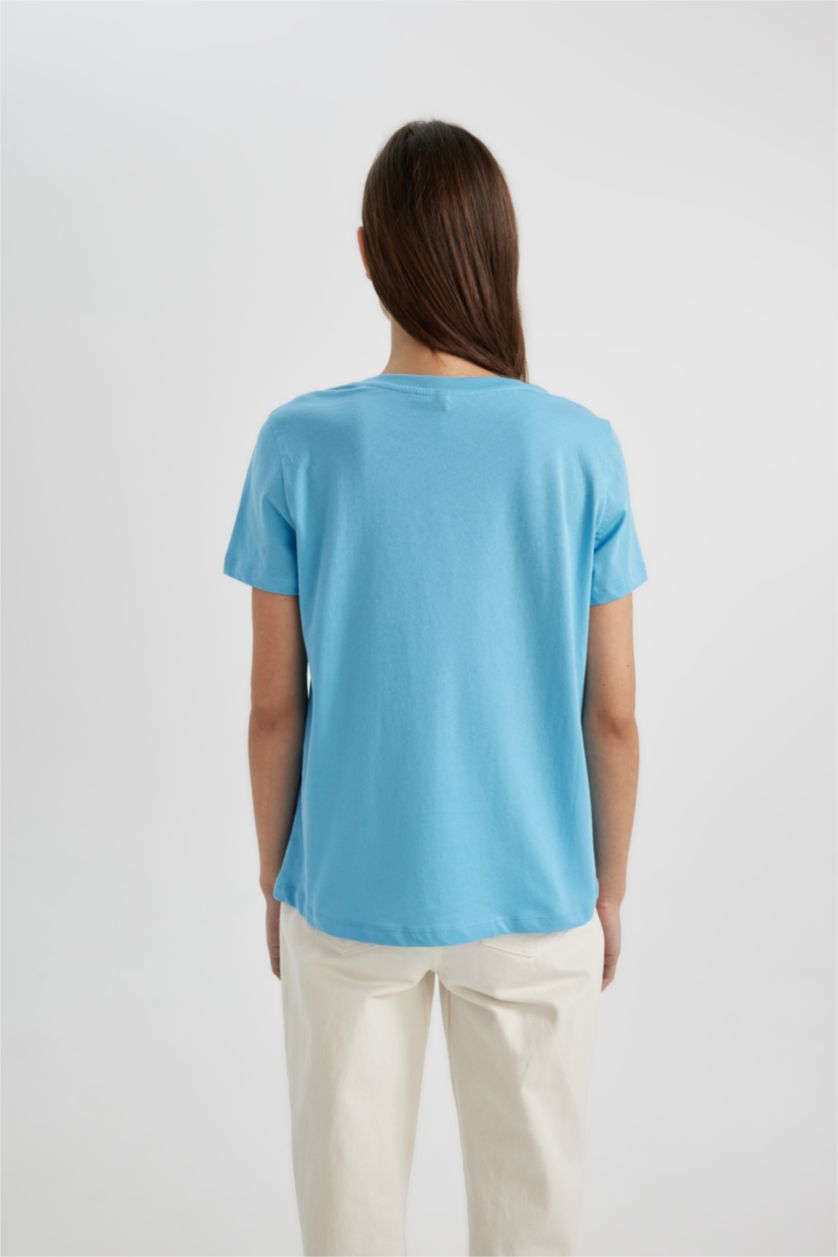 WOMAN Blue Regular Fit Crew Neck Slogan Printed T-Shirt