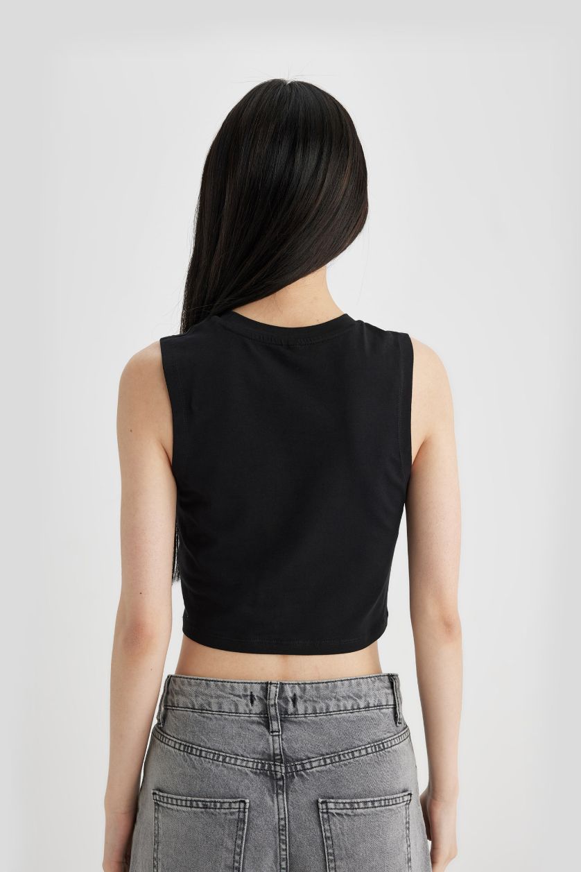 Kadın Siyah Crop Bisiklet Yaka Basic Düz Atlet