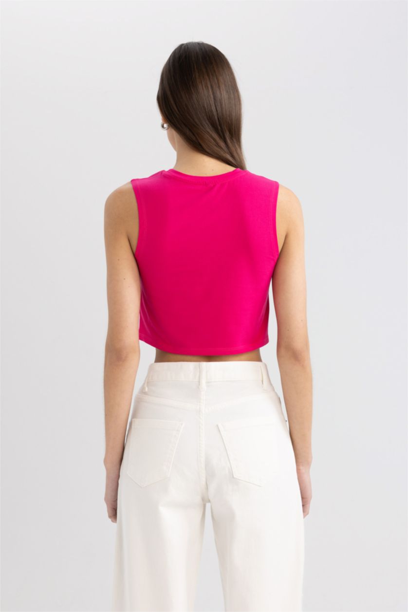 Kadın Fuşya Crop Bisiklet Yaka Basic Düz Atlet