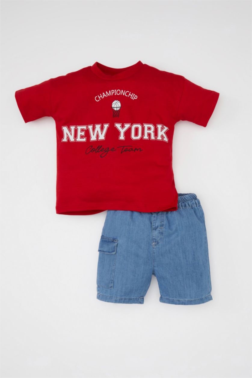Baby Boy Red Baby Boy Printed T-Shirt Jean Shorts 2 Piece Set