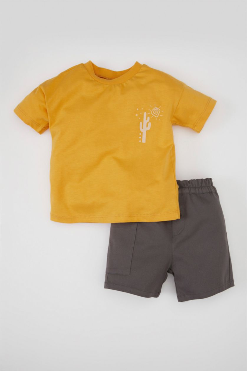 Erkek Bebek Sarı Erkek Bebek 2'li Takım Baskılı Kısa Kollu Tişört Şort