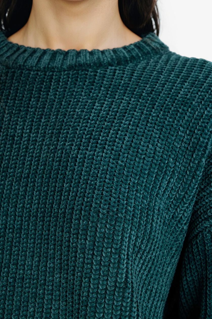 Woman Green Regular Fit Crew Neck Chenille Pullover