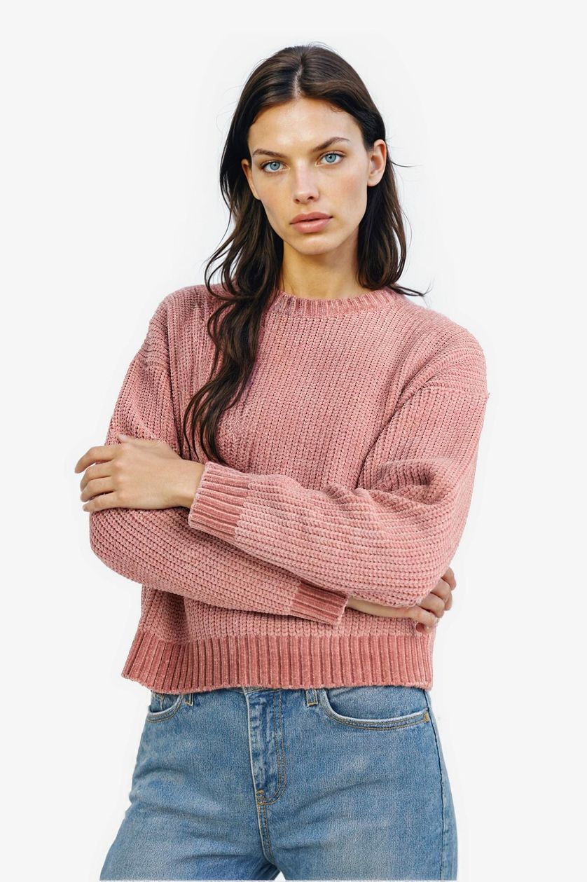 FEMME Rose Pull en fil chenille à col rond Coupe régulière