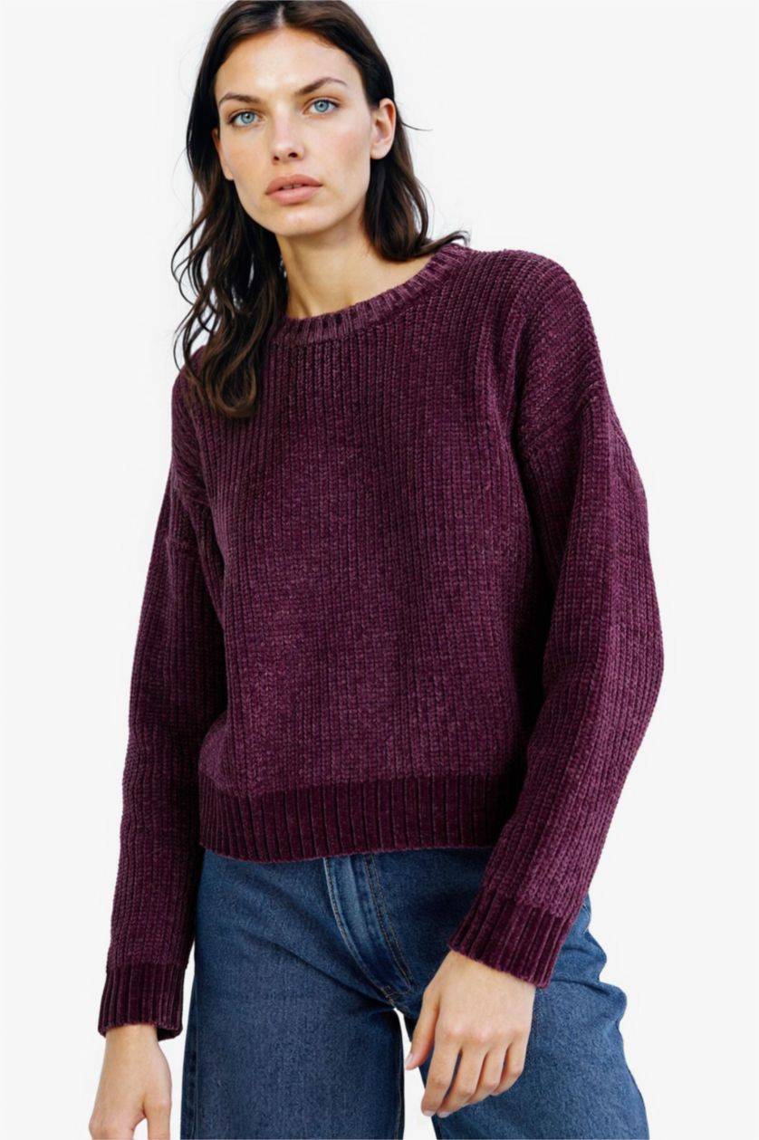 Woman Dark Purple Regular Fit Crew Neck Chenille Pullover