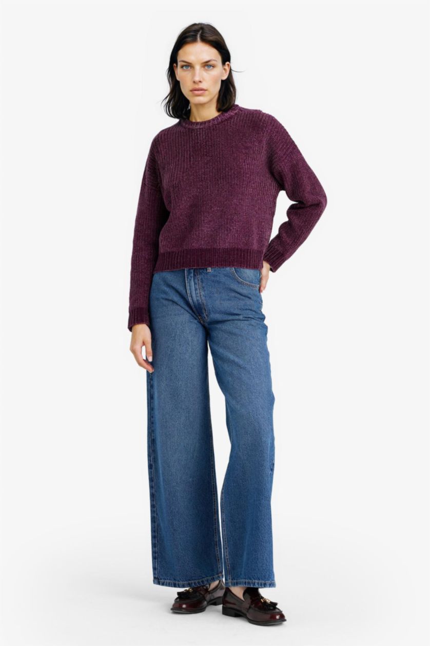 Woman Dark Purple Regular Fit Crew Neck Chenille Pullover