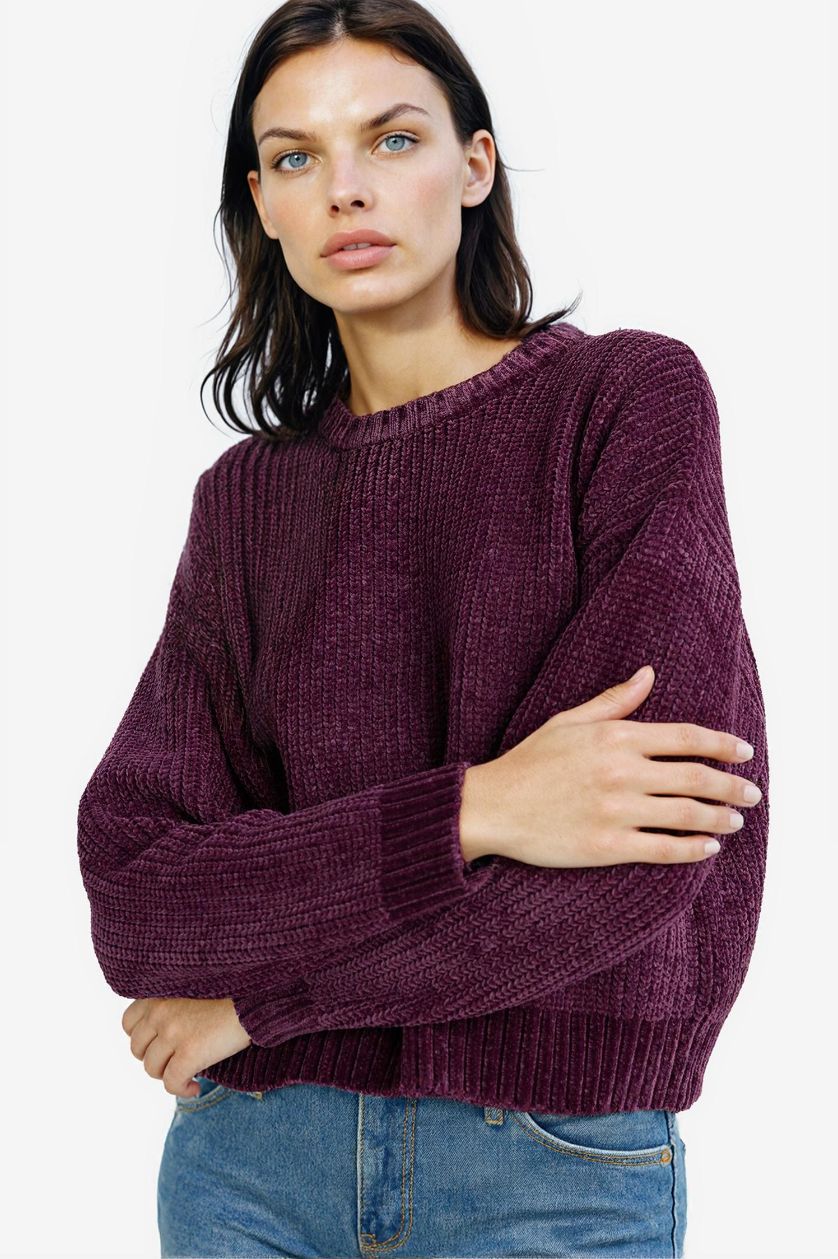 Woman Dark Purple Regular Fit Crew Neck Chenille Pullover