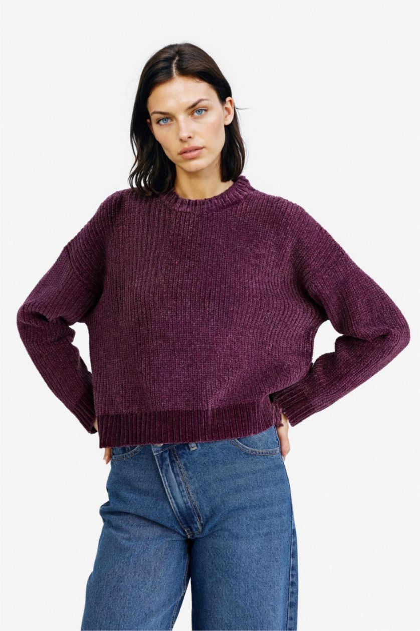 Woman Dark Purple Regular Fit Crew Neck Chenille Pullover