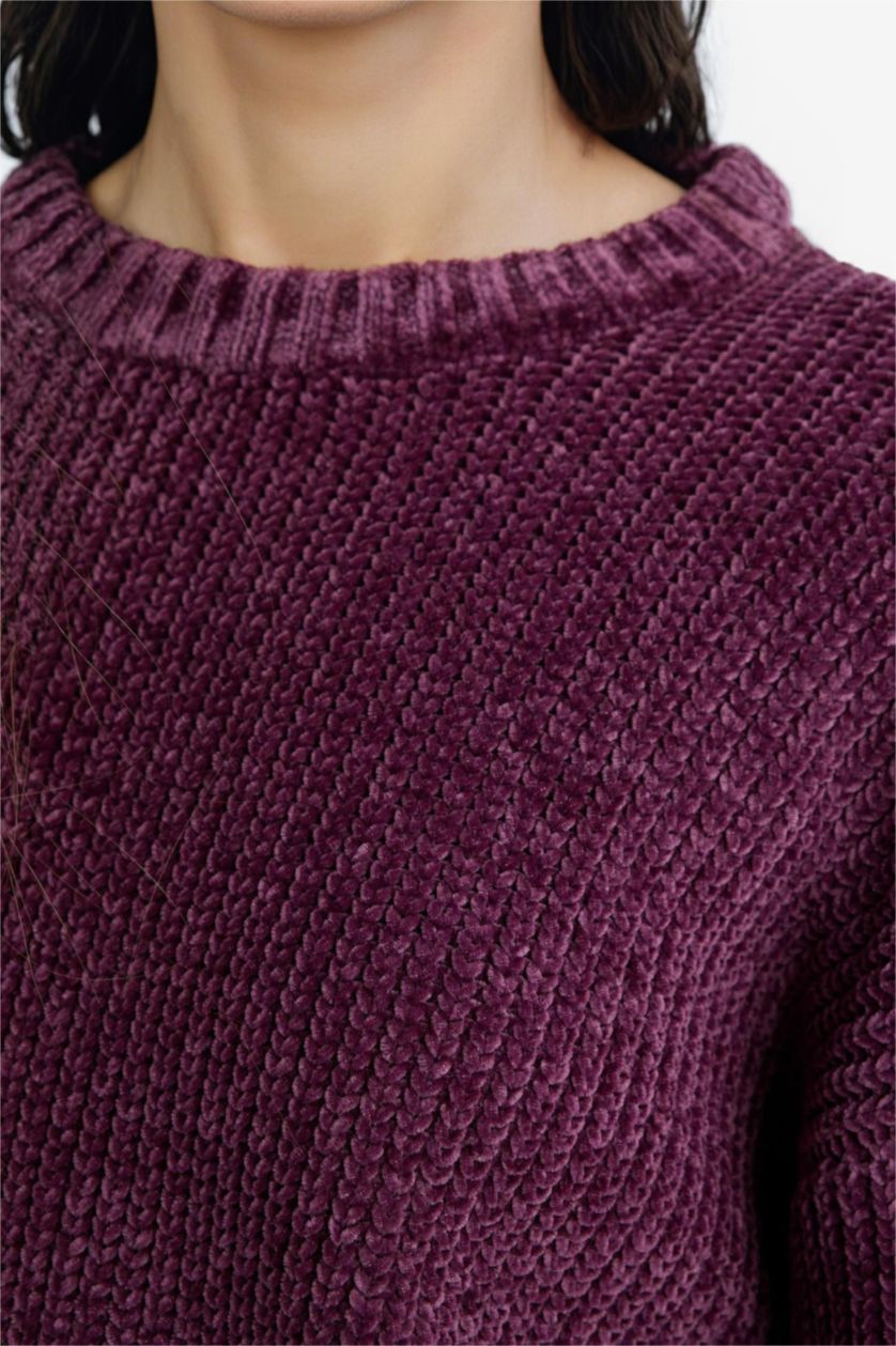 Woman Dark Purple Regular Fit Crew Neck Chenille Pullover