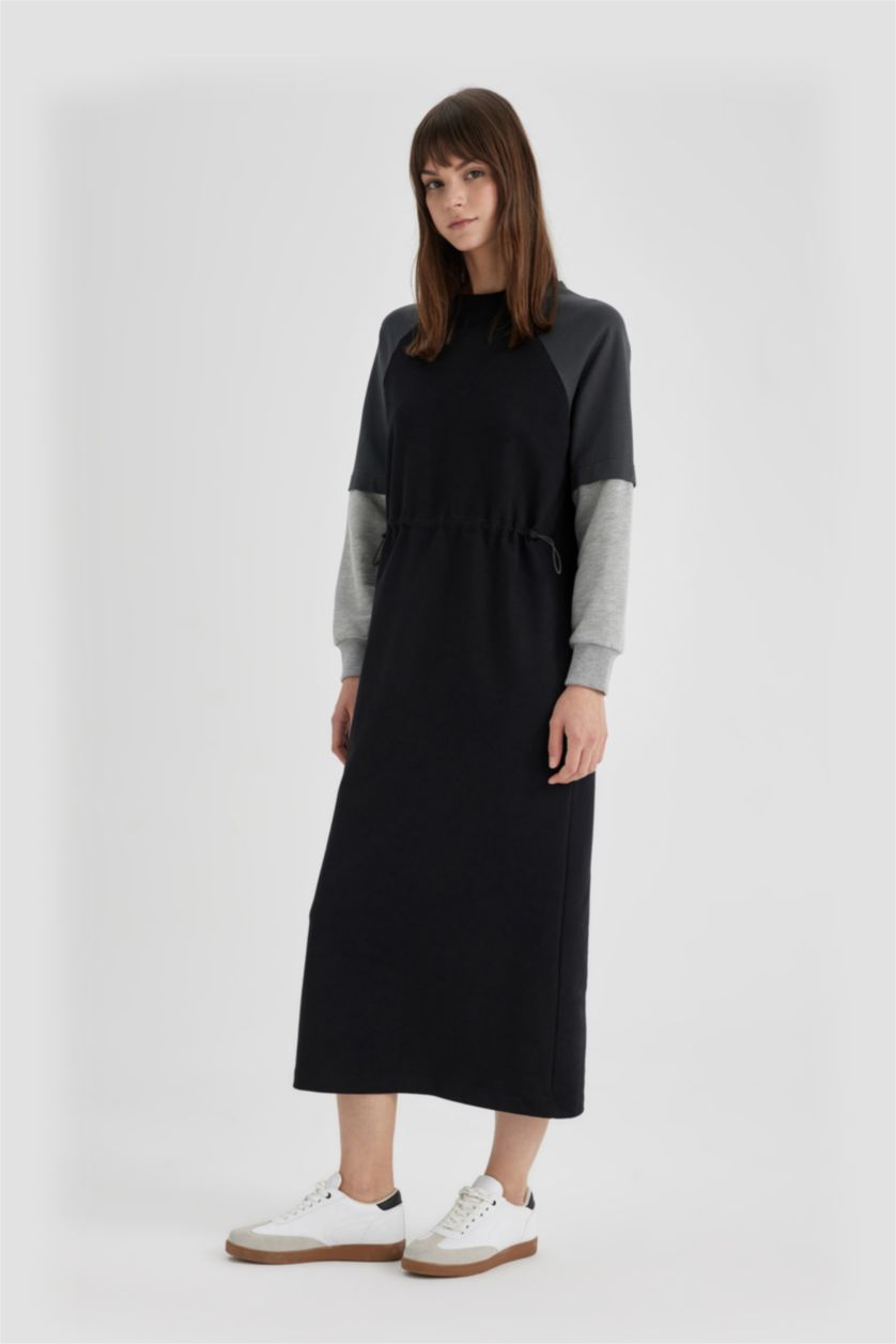 Kadın Siyah Regular Fit Renk Bloklu Uzun Kollu Maxi Sweat Elbise