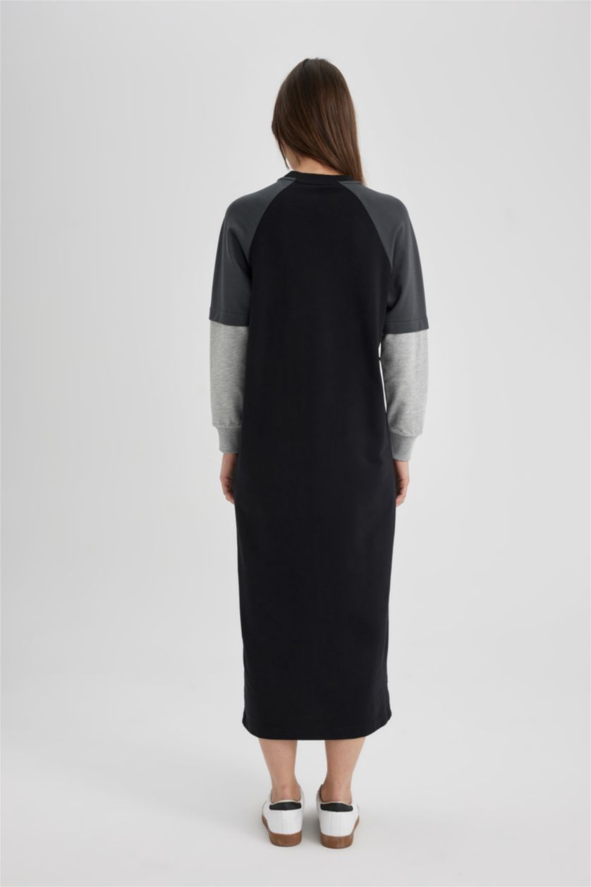 Kadın Siyah Regular Fit Renk Bloklu Uzun Kollu Maxi Sweat Elbise