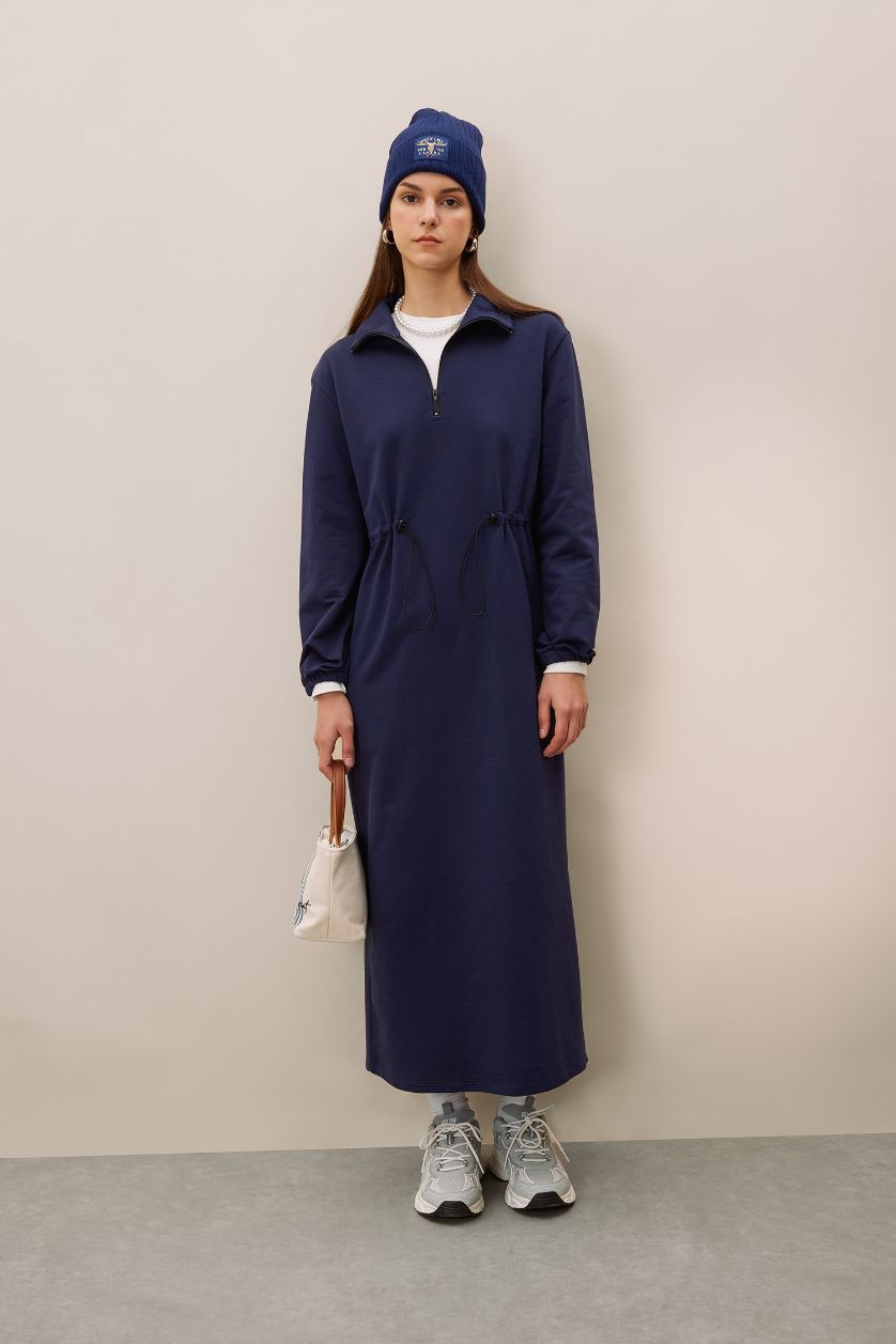 نساء كحلي فستان كم طويل قماش رقيق قصة عادية