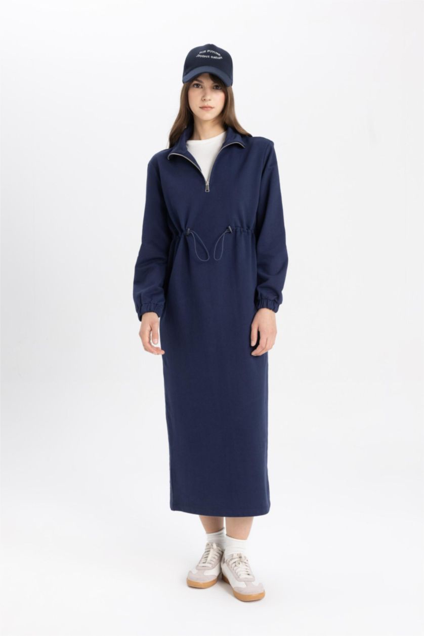 نساء كحلي فستان كم طويل قماش رقيق قصة عادية