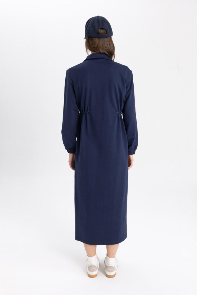 نساء كحلي فستان كم طويل قماش رقيق قصة عادية