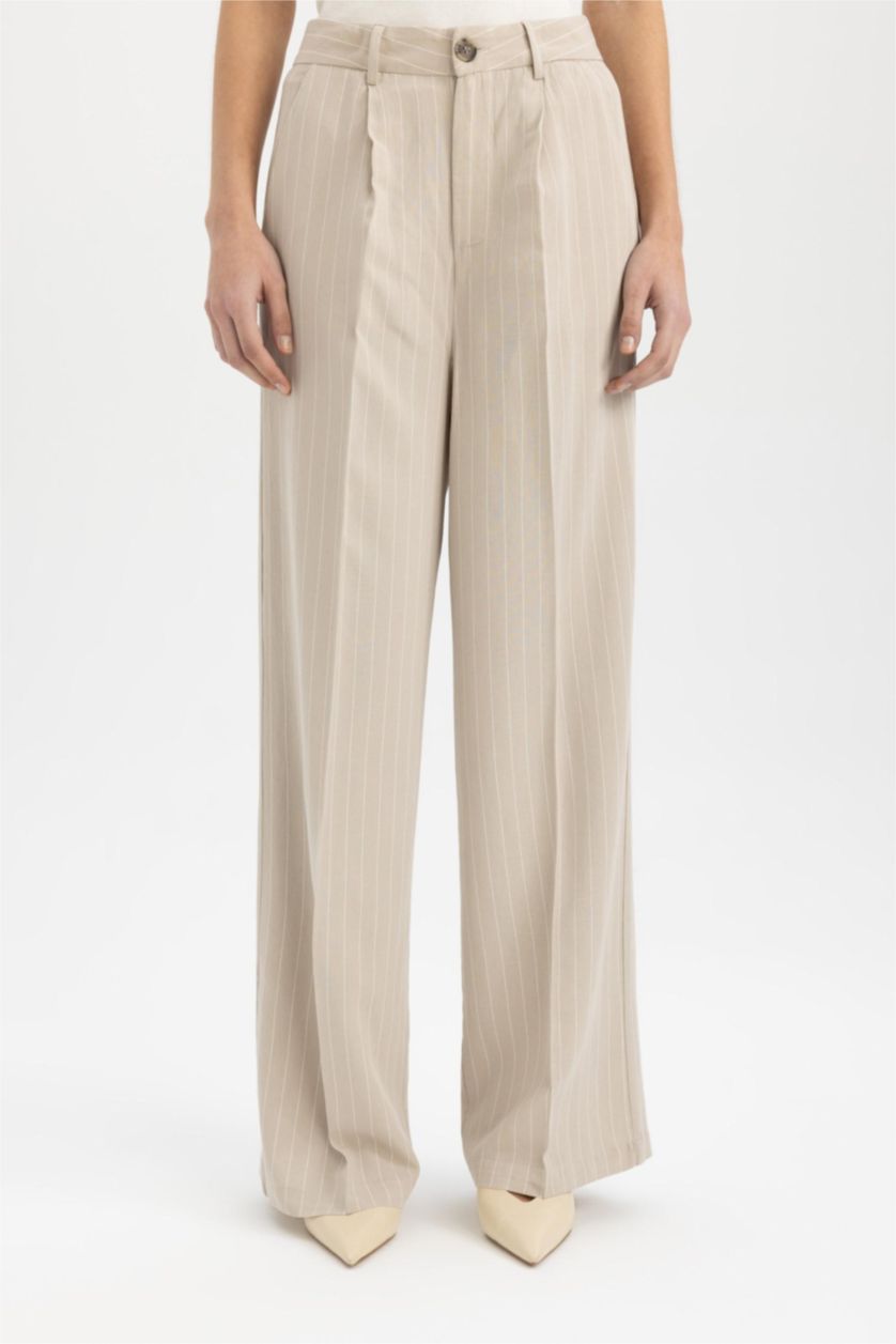 WOMAN Beige Wide Leg Pocket High Waist Wide Leg Long Linen Blend Trousers