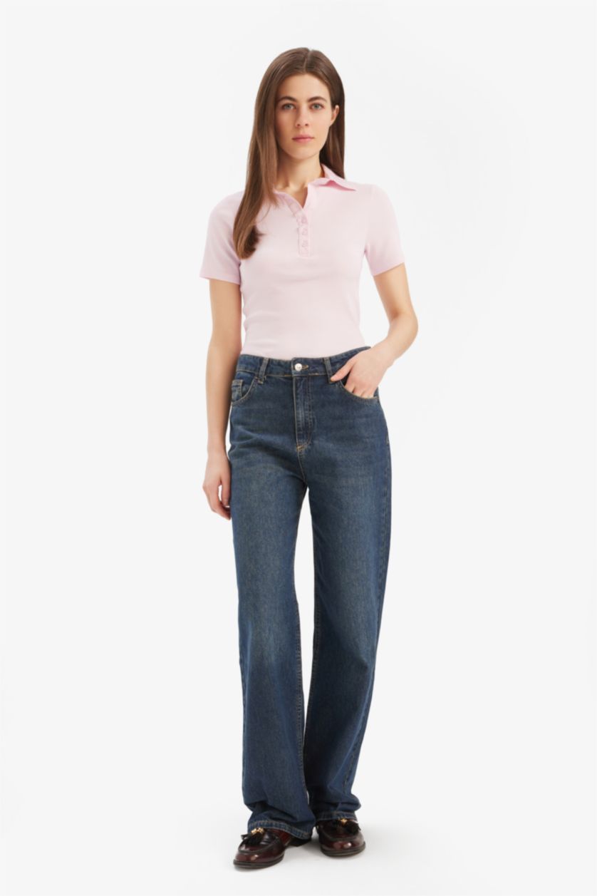 Kadın Açık Pembe Slim Fit Dar Kesim Polo Yaka Fitilli Kaşkorse Kısa Kollu Tişört