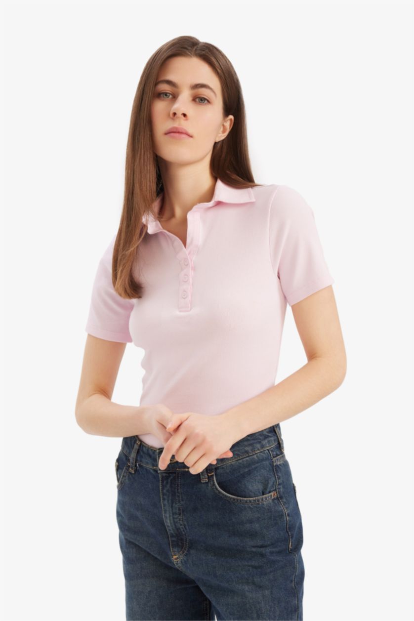 Kadın Açık Pembe Slim Fit Dar Kesim Polo Yaka Fitilli Kaşkorse Kısa Kollu Tişört