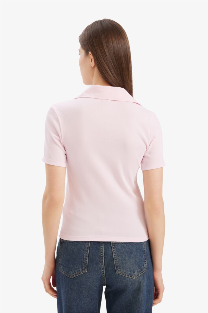Kadın Açık Pembe Slim Fit Dar Kesim Polo Yaka Fitilli Kaşkorse Kısa Kollu Tişört