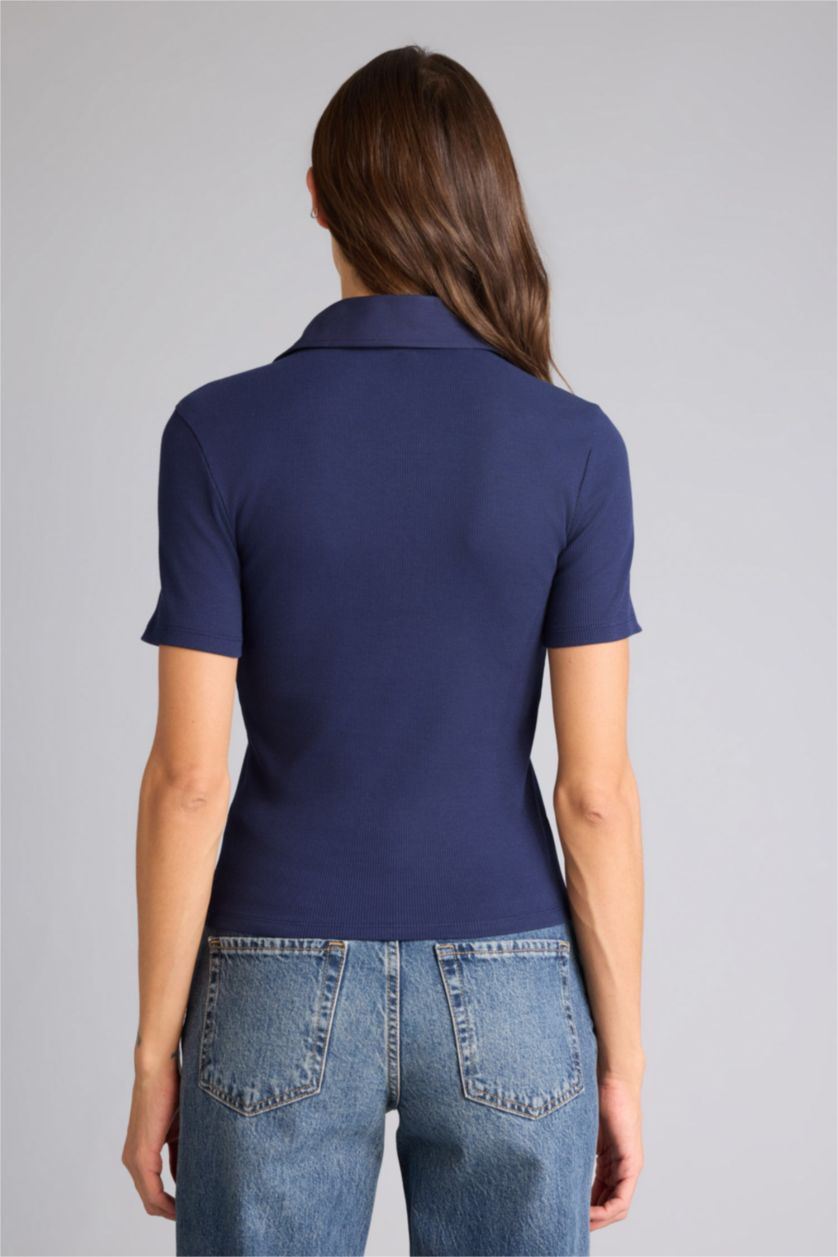 Kadın Lacivert Slım Fıt Polo Yaka Fitilli Kaşkorse Tişört