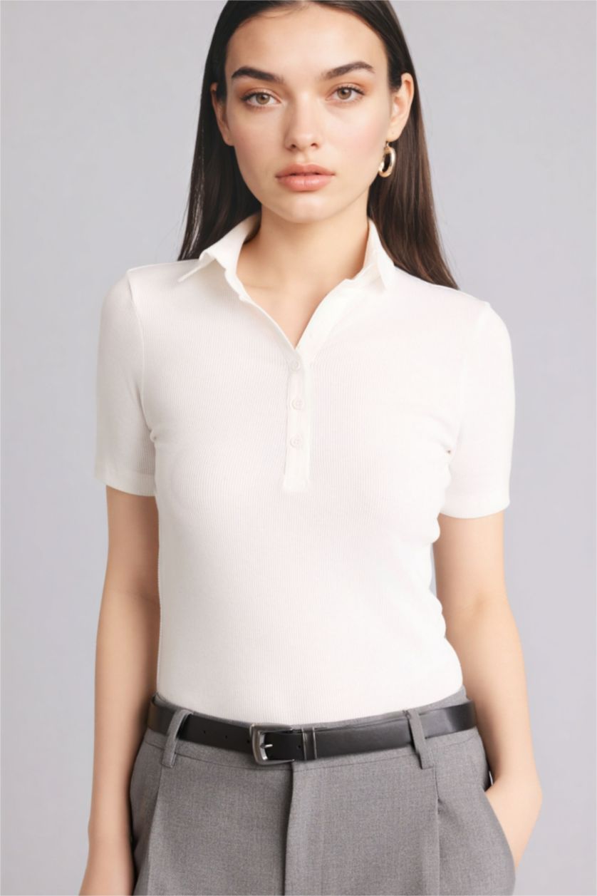 Woman White تيشيرت بولو سليم فيت مضلع