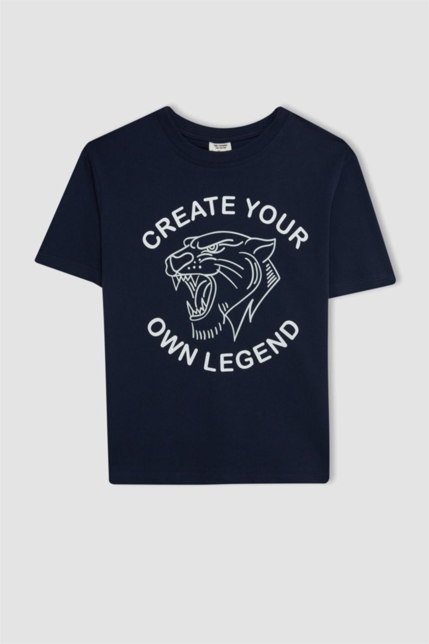 Erkek Çocuk - Genç Erkek Lacivert Erkek Çocuk Bisiklet Yaka Renk Şekil Değiştiren Baskılı Kısa Kollu Tişört