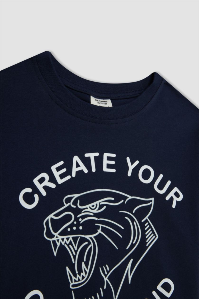 Erkek Çocuk - Genç Erkek Lacivert Erkek Çocuk Bisiklet Yaka Renk Şekil Değiştiren Baskılı Kısa Kollu Tişört