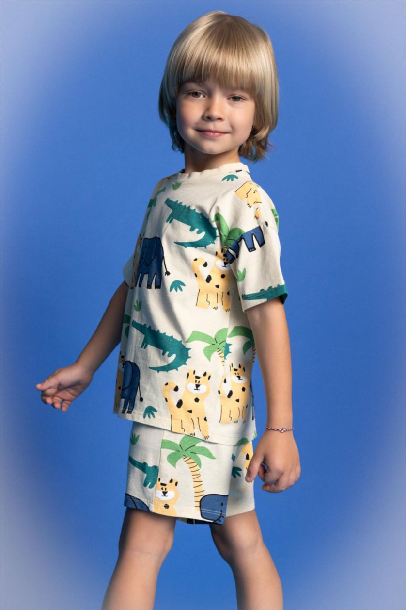 BABY BOY Light Beige Baby Boy Animal Patterned T-Shirt Shorts 2 Piece Set