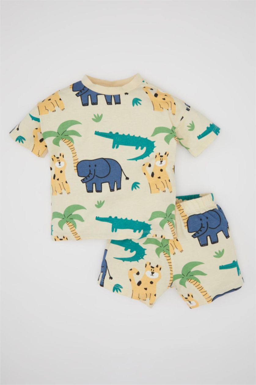 BABY BOY Light Beige Baby Boy Animal Patterned T-Shirt Shorts 2 Piece Set