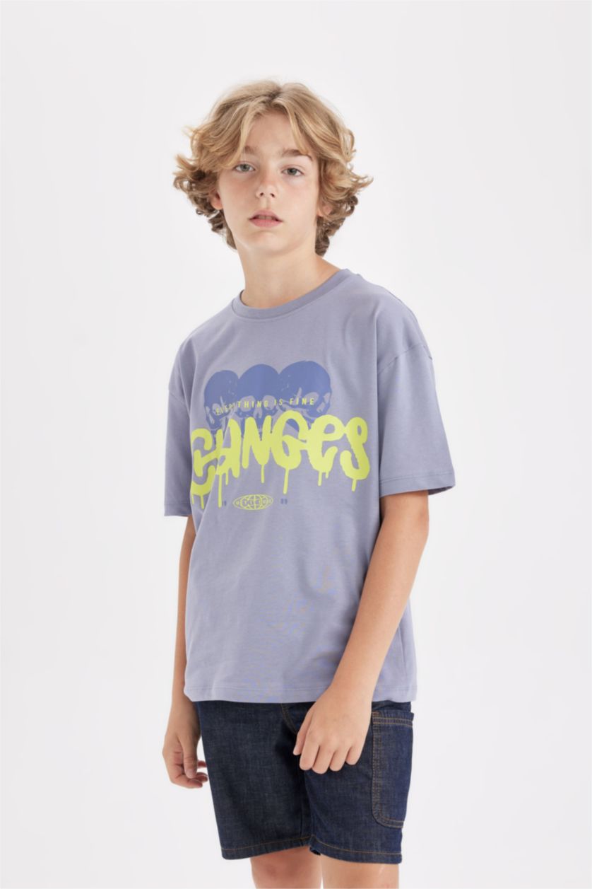 Boys & Teens Blue Boy Oversize Crew Neck Printed T-Shirt