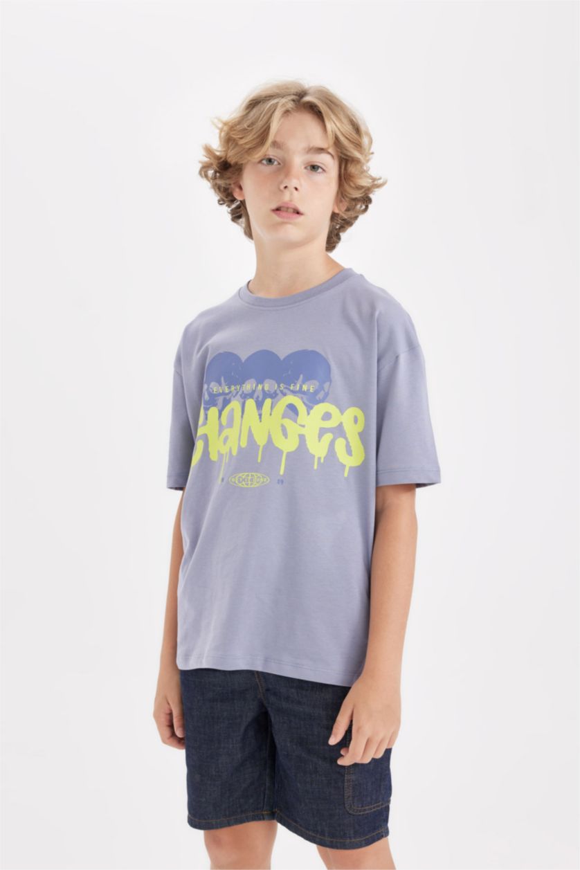 Boys & Teens Blue Boy Oversize Crew Neck Printed T-Shirt