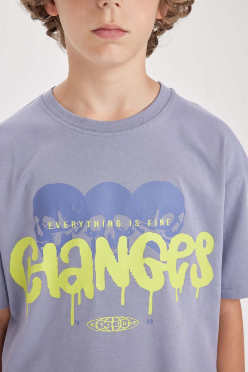 Boys & Teens Blue Boy Oversize Crew Neck Printed T-Shirt
